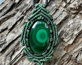 Malachite macrame wrapped stone pendant macrame jewelry cabochon
