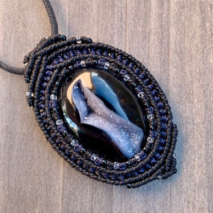 Black Druzy macrame wrapped cabochon pendant handmade jewelry image 4