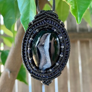 Black Druzy macrame wrapped cabochon pendant handmade jewelry image 1