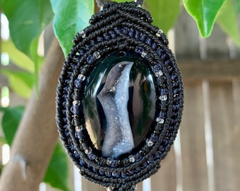 Black Druzy macrame wrapped cabochon pendant handmade jewelry