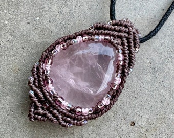 Rose Quartz macrame wrapped stone pendant