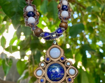 Lapis Lazuli & Blue Chalcedony Laser Trees collab macrame hemp necklace