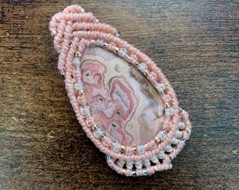 Rhodochrosite macrame wrapped cabochon pendant handmade jewelry