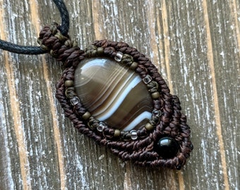 Botswana Agate macrame wrapped stone pendant macrame jewelry cabochon