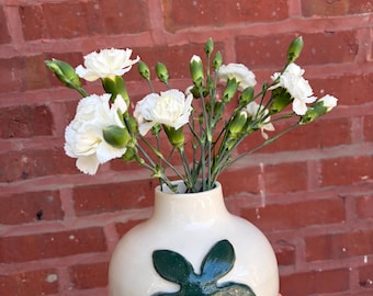 Handmade White Ceramic Vase - Floral Pottery Vase with Green Flower Design