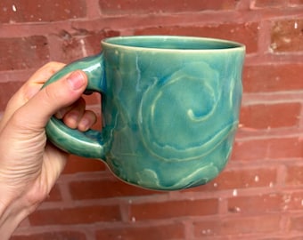Oversized Sea Green Mug - Handmade Large Blue-Green Mug with Quirky Puffy Hollow Handle Design