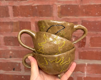 Handmade Ceramic Espresso Cup - Pinched Pottery Small Mug, Sun and Moon Design