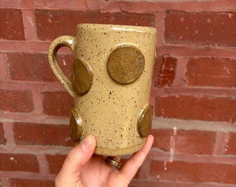 Handmade Ceramic Polka Dot Mug - Minimalist Tan Stoneware Coffee Cup, Modern Rustic Pottery
