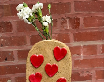 Handmade Ceramic Bud Vase - Small Pottery Flower Vase with Red Heart Design