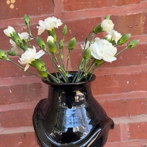 May include: A black ceramic vase with a unique, curved design, holding a bouquet of white carnations. The vase has a glossy finish, reflecting the light. The flowers are in full bloom and surrounded by green buds.