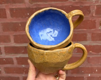 Rustic Ceramic Coffee Mug – Tan and Cobalt Blue Stoneware Cup – Handmade Pottery Gift