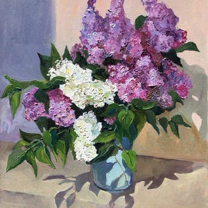 Original Lilac Oil Painting, Large Purple and White Flowers on Canvas, Impasto Floral Wall Art by Olga Razinkina, Rada Ra Studio