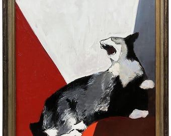 Original Abstract Cat Oil Painting, Large Expressive Black and White Cat on Red, 20x24" Canvas by Olga Razinkina, Rada Ra Studio