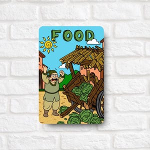 May include: Illustration of a distressed man in medieval attire, standing near a wooden cart overflowing with cabbages. The word "FOOD" is written above the scene. A sun and buildings are in the background.