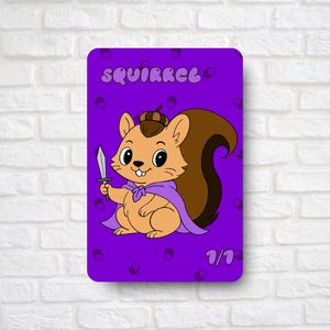 May include: A cartoon illustration of a squirrel holding a sword, wearing a purple cape and a crown, with the word "SQUIRREL" above it. The background is purple with acorn shapes.