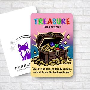 May include: A pink card with the word "TREASURE" in colourful letters, featuring a wooden treasure chest overflowing with gold coins and gems. The card also has a quote and the words "Token Artifact". A second card with a purple fox logo is also visible.