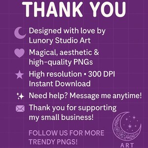 May include: A purple graphic with the words "THANK YOU" in white. The image promotes high-quality PNGs, instant downloads, and support for a small business. It includes the text "FOLLOW US FOR MORE TRENDY PNGS!"