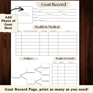 Puede incluir: Una p&aacute;gina imprimible de registro de cabras con secciones para nombre, fecha de nacimiento, salud y peso. Incluye espacio para agregar una foto de la cabra. El texto "Goat Record Page, print as many as you need!" est&aacute; en la parte inferior.