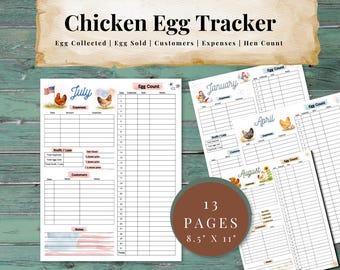 Puede incluir: Un rastreador imprimible de huevos de gallina con 13 páginas, cada una de 21,6 cm x 27,9 cm. El diseño incluye espacios para la recolección de huevos, ventas, detalles de clientes, gastos y conteo de gallinas. El rastreador presenta diseños mensuales.