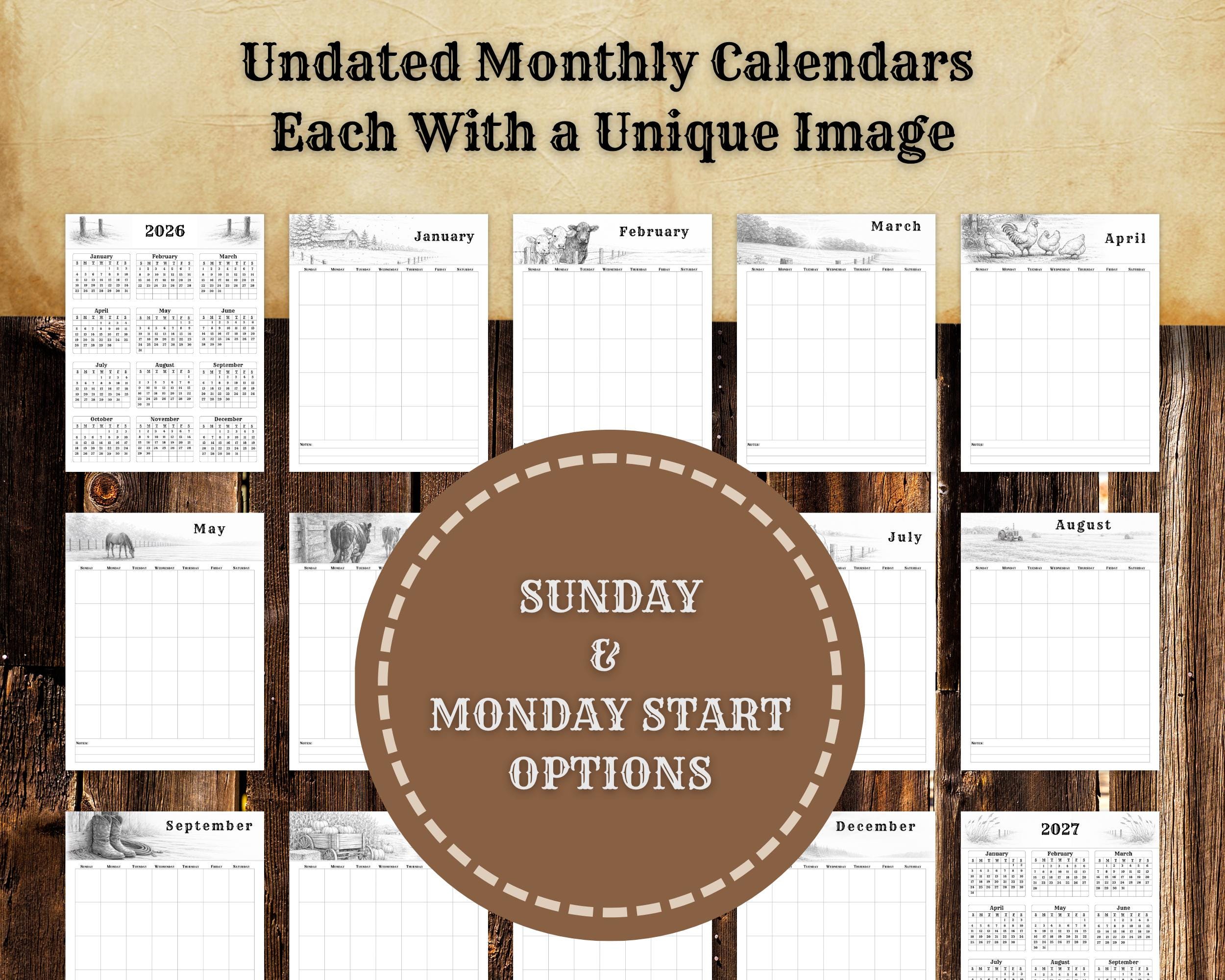 Printable Calendar | Sunday & Monday Start | Country Western Farm Art ...
