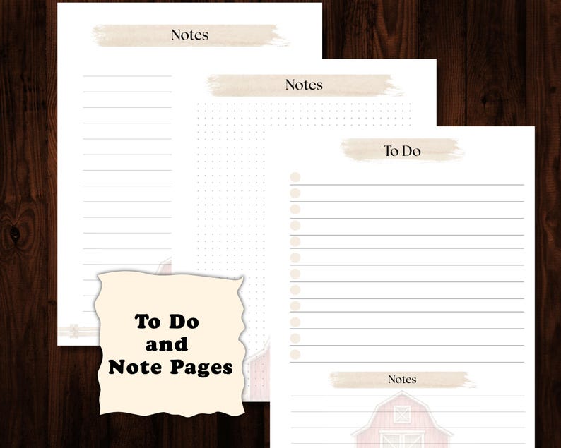 Puede incluir: Un conjunto de p&aacute;ginas imprimibles de tareas y notas. Las p&aacute;ginas presentan un dise&ntilde;o r&uacute;stico con una ilustraci&oacute;n de granero y texto que dice "Notas" y "Por hacer". Las p&aacute;ginas son blancas con un dise&ntilde;o de pincelada de acuarela beige.