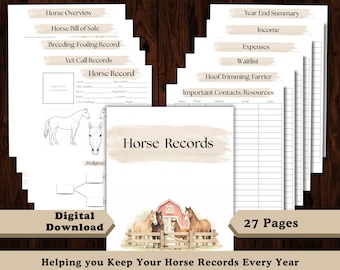 Puede incluir: Un conjunto de hojas imprimibles de registro de caballos. Las páginas incluyen secciones para la descripción general del caballo, la factura de venta, los registros de cría, los registros veterinarios y más. La portada presenta una ilustración de acuarela de caballos frente a un granero. El texto incluye "Horse Records".