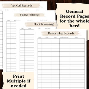 Puede incluir: Un conjunto de p&aacute;ginas de registro imprimibles para llamadas veterinarias, lesiones, recorte de pezu&ntilde;as y desparasitaci&oacute;n. Las p&aacute;ginas son blancas con l&iacute;neas y texto en negro, incluyendo "Vet Call Records", "Injuries/Illnesses" y "Deworming Records".