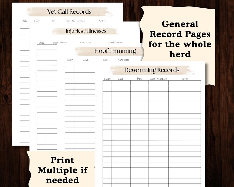 Puede incluir: Un conjunto de p&aacute;ginas de registro imprimibles para llamadas veterinarias, lesiones, recorte de pezu&ntilde;as y desparasitaci&oacute;n. Las p&aacute;ginas son blancas con l&iacute;neas y texto en negro, incluyendo "Vet Call Records", "Injuries/Illnesses" y "Deworming Records".
