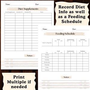 Puede incluir: Un planificador imprimible de dieta y horario de alimentaci&oacute;n con secciones para dieta, suplementos y un horario de alimentaci&oacute;n. El texto de la imagen dice "Record Diet Info as well as a Feeding Schedule" y "Print Multiple if needed."