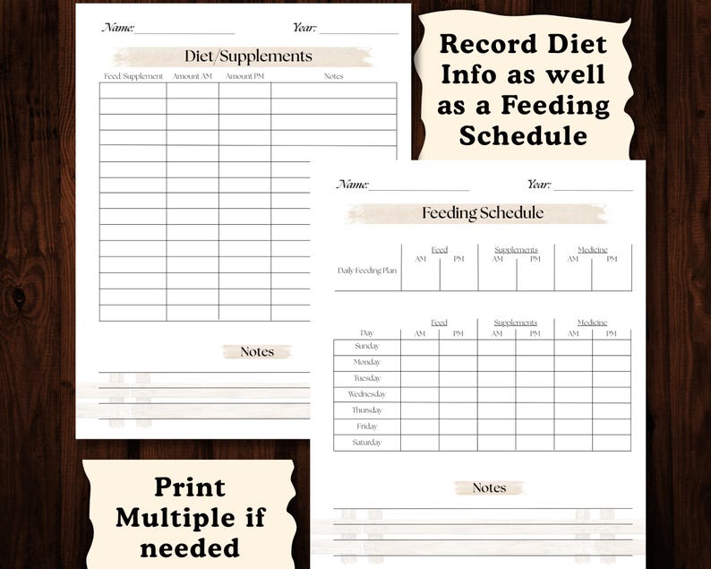 Puede incluir: Un planificador imprimible de dieta y horario de alimentaci&oacute;n con secciones para dieta, suplementos y un horario de alimentaci&oacute;n. El texto de la imagen dice "Record Diet Info as well as a Feeding Schedule" y "Print Multiple if needed."