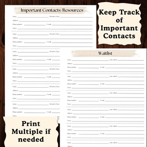 Puede incluir: Una p&aacute;gina de planificador imprimible con secciones para contactos importantes, recursos y una lista de espera. El texto "Keep Track of Important Contacts" se muestra sobre un fondo crema. Tambi&eacute;n se muestra el texto "Print Multiple if needed".