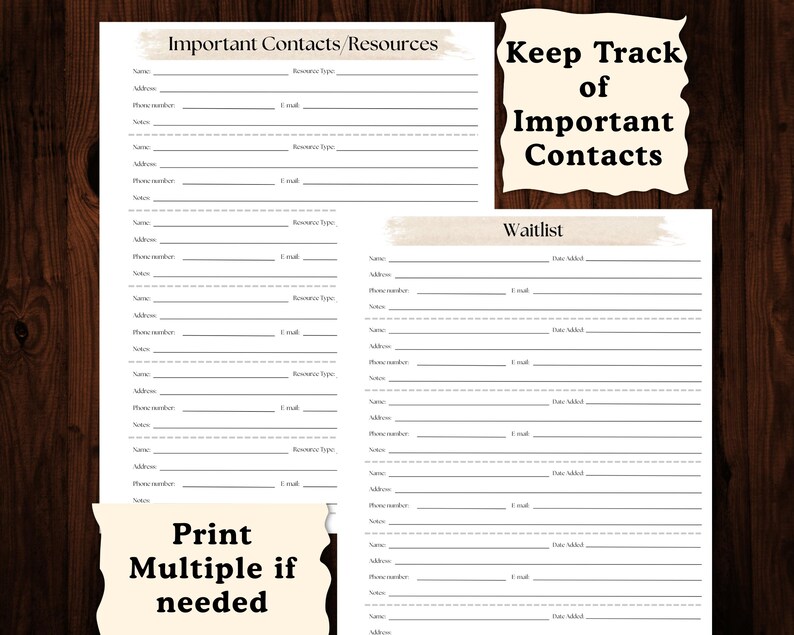 Puede incluir: Una p&aacute;gina de planificador imprimible con secciones para contactos importantes, recursos y una lista de espera. El texto "Keep Track of Important Contacts" se muestra sobre un fondo crema. Tambi&eacute;n se muestra el texto "Print Multiple if needed".