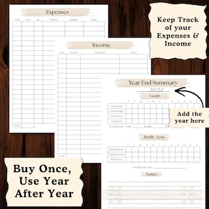 Puede incluir: Un conjunto de p&aacute;ginas imprimibles de planificador financiero con encabezados para gastos, ingresos y res&uacute;menes de fin de a&ntilde;o. Las p&aacute;ginas son blancas con un dise&ntilde;o de cuadr&iacute;cula y texto que dice "Keep Track of your Expenses & Income" y "Buy Once, Use Year After Year."