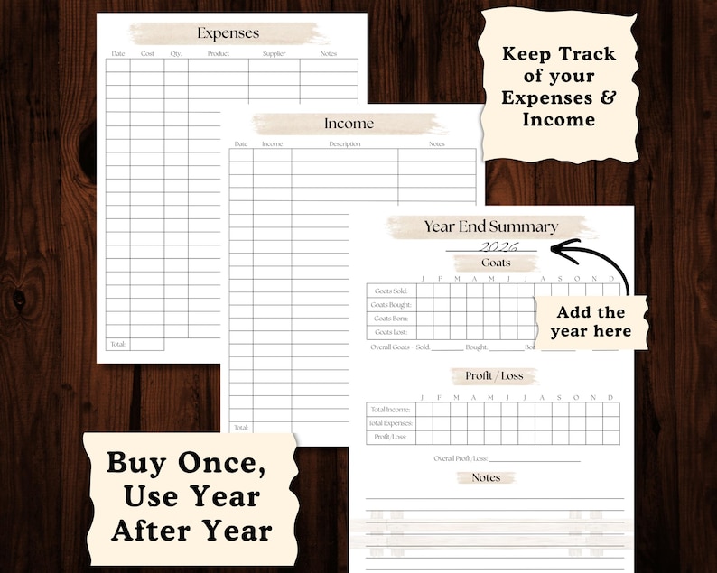 Puede incluir: Un conjunto de p&aacute;ginas imprimibles de planificador financiero con encabezados para gastos, ingresos y res&uacute;menes de fin de a&ntilde;o. Las p&aacute;ginas son blancas con un dise&ntilde;o de cuadr&iacute;cula y texto que dice "Keep Track of your Expenses & Income" y "Buy Once, Use Year After Year."