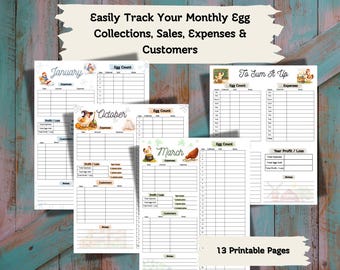 Registro de recolección de huevos de gallina / Registro de ventas de huevos de gallina / Registro de ingresos y gastos de gallinas / Registro mensual y anual de gallinas / PDF imprimible
