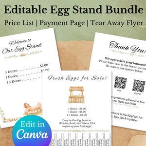 May include: An editable egg stand bundle with price list, payment page, and tear-away flyer templates. The design includes watercolor illustrations of eggs, a chicken, and an egg stand. The text includes "Fresh Eggs for Sale!" and "Thank You!"