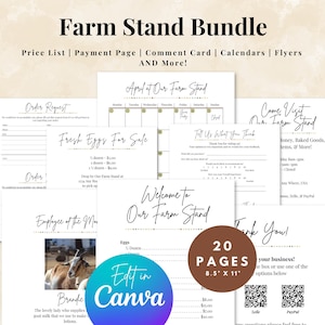 May include: A bundle of 20 printable farm stand documents, including price lists, calendars, and comment cards. The documents are 8.5" x 11" and feature text such as "Fresh Eggs For Sale" and "Welcome to Our Farm Stand."
