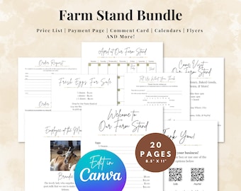 May include: A bundle of 20 printable farm stand documents, including price lists, calendars, and comment cards. The documents are 8.5" x 11" and feature text such as "Fresh Eggs For Sale" and "Welcome to Our Farm Stand."