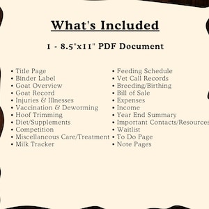 Puede incluir: Un documento PDF titulado "What's Included" con una lista de temas relacionados con el cuidado de cabras, incluidos los horarios de alimentaci&oacute;n, los registros veterinarios y la informaci&oacute;n de cr&iacute;a. El documento mide 21,6 cm x 27,9 cm.