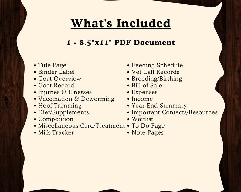 Puede incluir: Un documento PDF titulado "What's Included" con una lista de temas relacionados con el cuidado de cabras, incluidos los horarios de alimentaci&oacute;n, los registros veterinarios y la informaci&oacute;n de cr&iacute;a. El documento mide 21,6 cm x 27,9 cm.