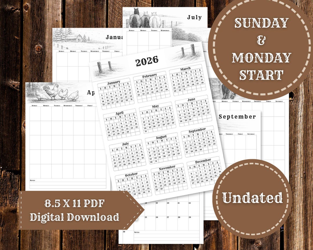 Printable Calendar | Sunday & Monday Start | Country Western Farm Art ...