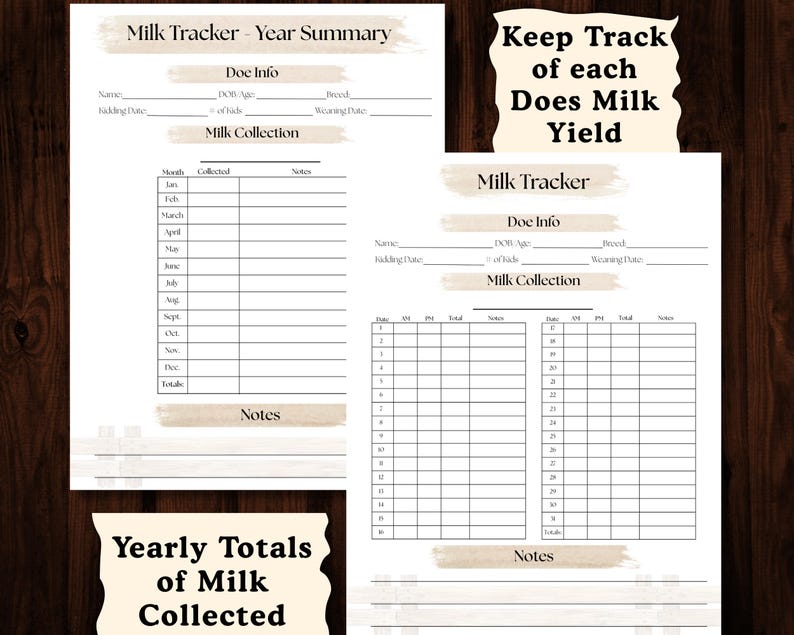 Puede incluir: Dos p&aacute;ginas blancas con un dise&ntilde;o de seguimiento de la leche. Las p&aacute;ginas incluyen secciones para informaci&oacute;n de la cabra, recolecci&oacute;n de leche y totales anuales. El texto en las p&aacute;ginas incluye "Milk Tracker", "Year Summary" y "Keep Track of each Does Milk Yield."