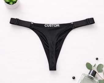 Men's Custom Name Thong, Adjustable Stretch Underwear, Minimal Black Briefs