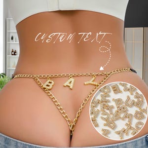 Personalized Gold Chain Thong, Rhinestone Name, Regular Size