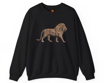 Woodgrain Lion Illustration Sweatshirt | Embroidered Animal Safari Crewneck