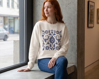 Persian Blue Floral Tile Sweatshirt | Embroidered Center-Front Floral Crewneck
