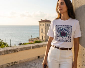 Persian Rose Tile Pattern Unisex T-Shirt | Floral Mosaic Square Graphic