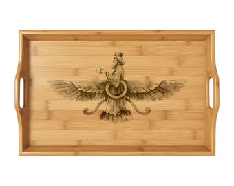 Faravahar Zoroastrian Symbol Bamboo Serving Tray | Engraved Persian Winged Guardian