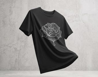 White Line Art Rose with Droplet T-Shirt | Floral Tattoo Style