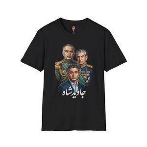 May include: Black t-shirt featuring a portrait of three men in military attire. The portraits are in a realistic style, with detailed facial features and uniforms. The text "Javid Shah" is written in white script below the portraits.